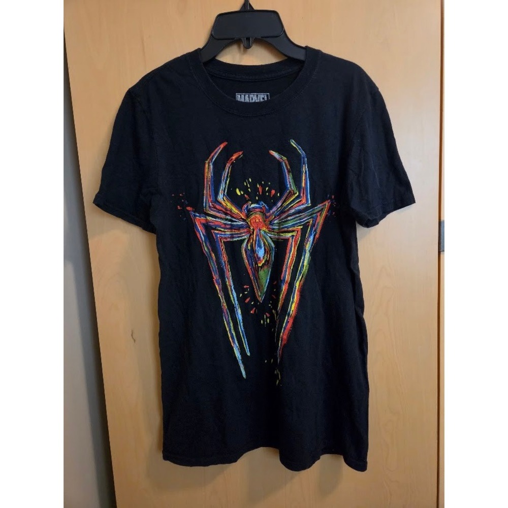 Marvel Spider-Man Graphic T-Shirt Mens Small Black Rainbow Splatter Logo Tee